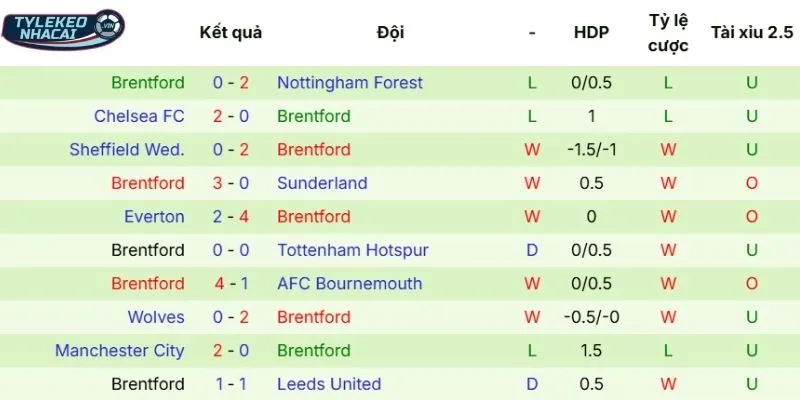 Kết quả 5 trận đấu có mặt Brentford thời gian gần đây